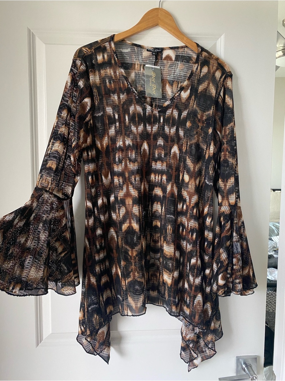 Bell-Sleeve Mesh Swim Coverup in Brown and Black